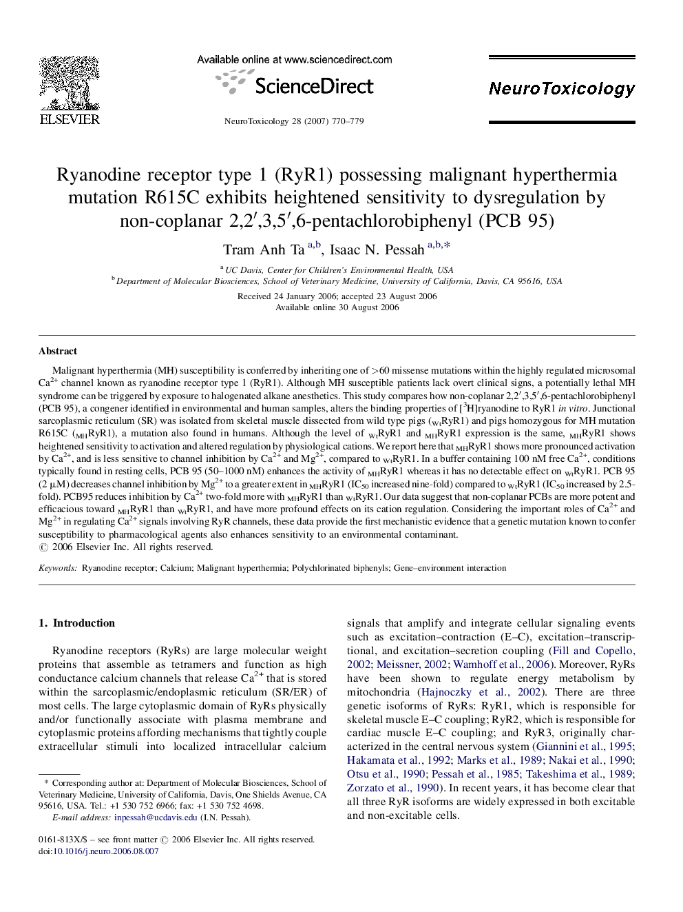 Ryanodine receptor type 1 (RyR1) possessing malignant hyperthermia mutation R615C exhibits heightened sensitivity to dysregulation by non-coplanar 2,2â²,3,5â²,6-pentachlorobiphenyl (PCB 95)