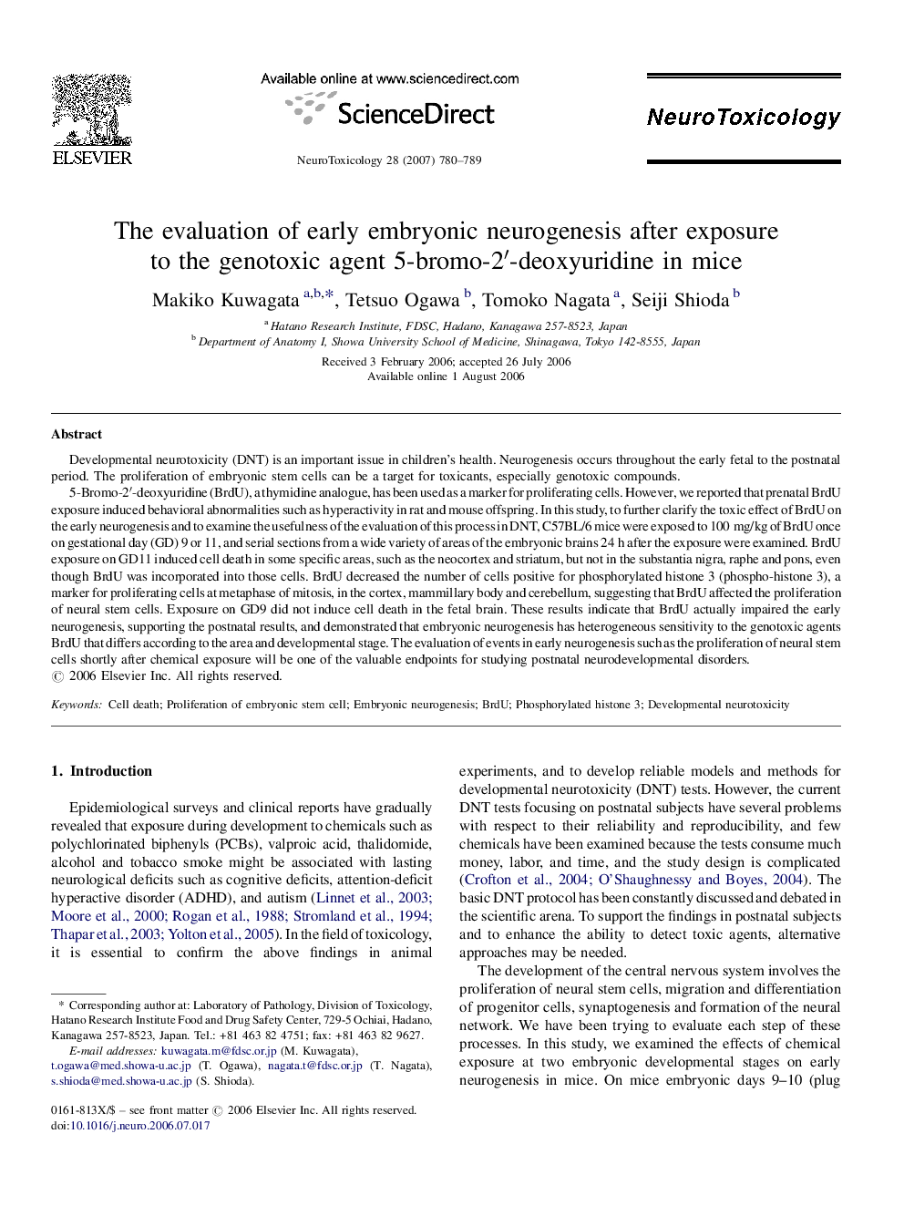 The evaluation of early embryonic neurogenesis after exposure to the genotoxic agent 5-bromo-2′-deoxyuridine in mice