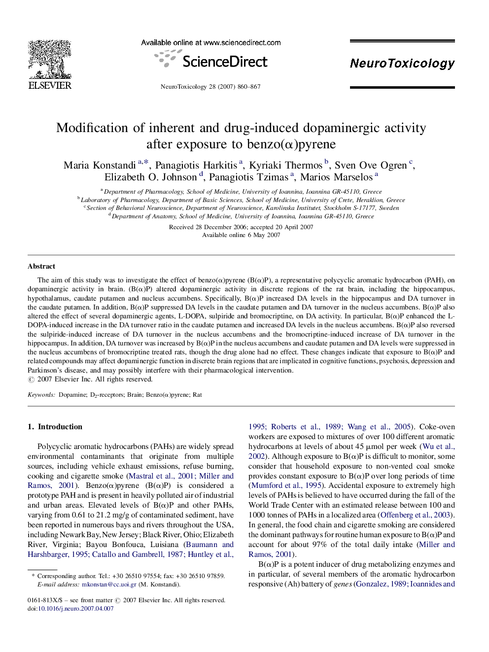 Modification of inherent and drug-induced dopaminergic activity after exposure to benzo(α)pyrene