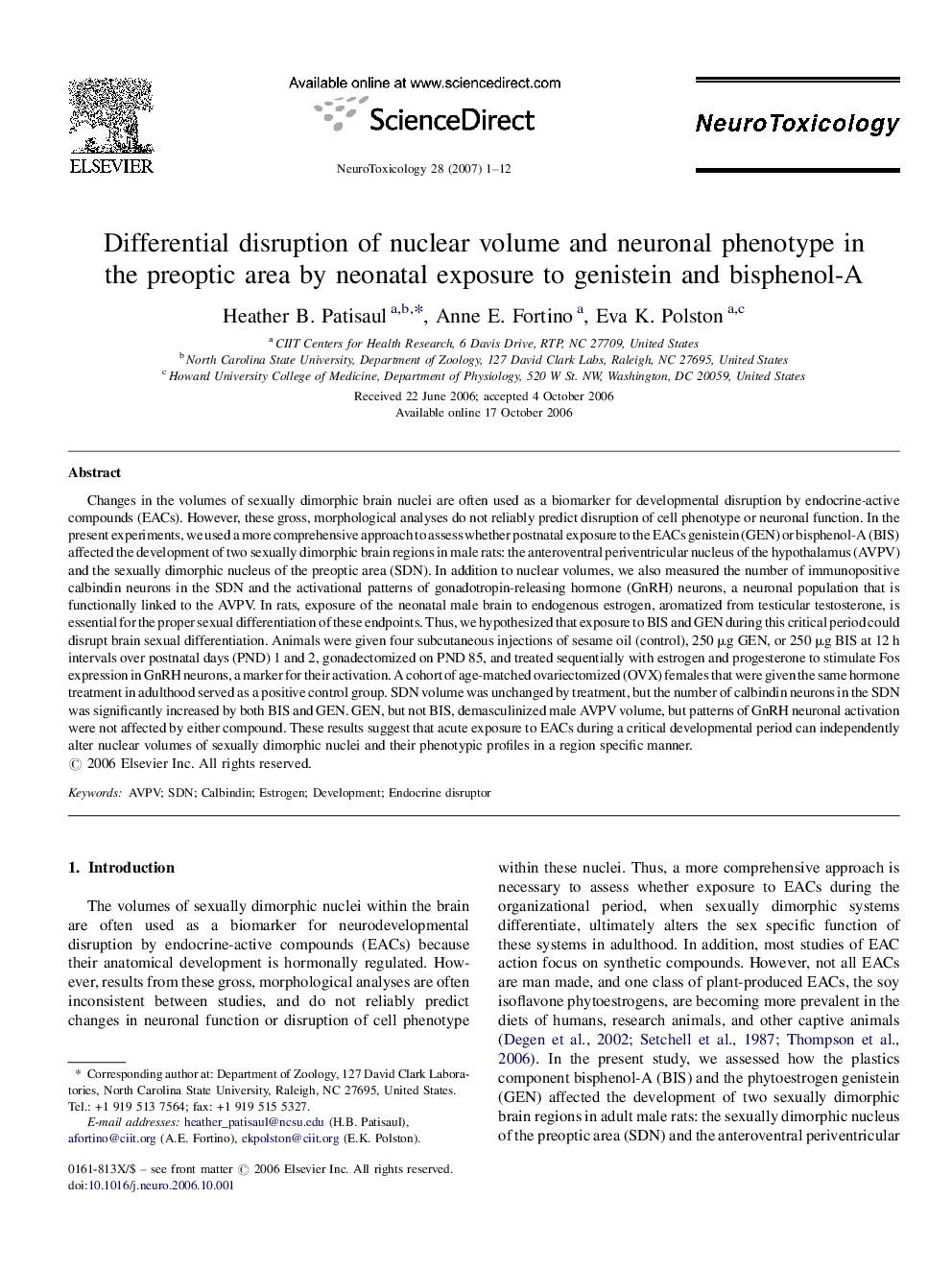 Differential disruption of nuclear volume and neuronal phenotype in the preoptic area by neonatal exposure to genistein and bisphenol-A