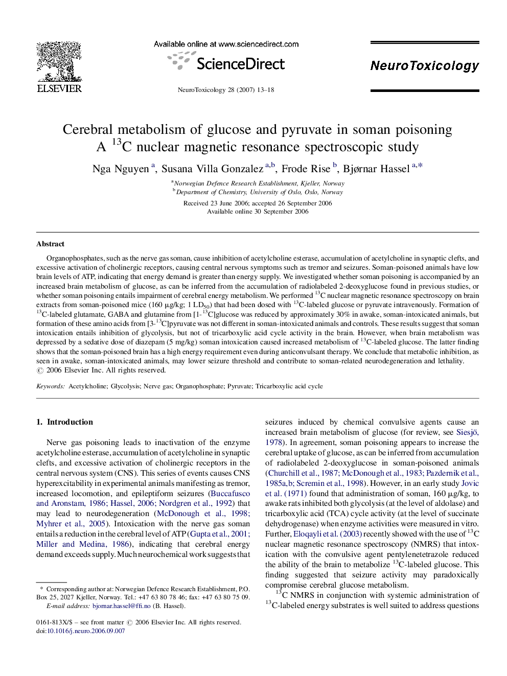 Cerebral metabolism of glucose and pyruvate in soman poisoning: A 13C nuclear magnetic resonance spectroscopic study