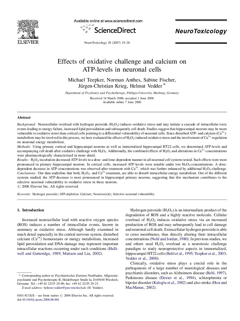 Effects of oxidative challenge and calcium on ATP-levels in neuronal cells