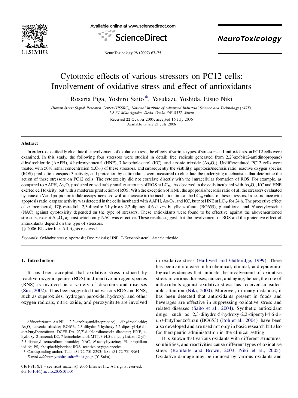 Cytotoxic effects of various stressors on PC12 cells: Involvement of oxidative stress and effect of antioxidants