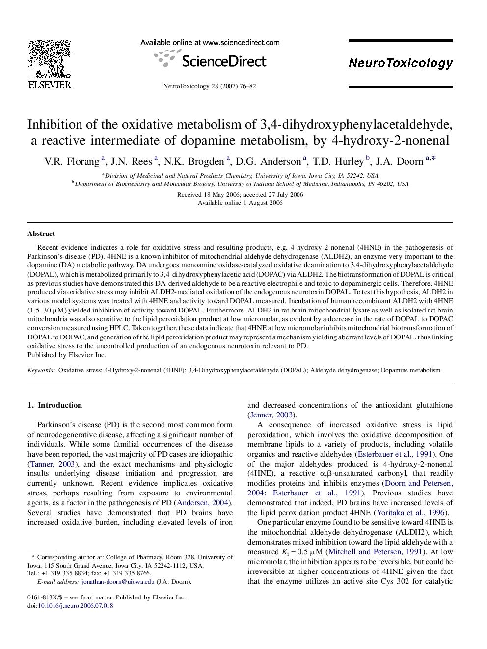 Inhibition of the oxidative metabolism of 3,4-dihydroxyphenylacetaldehyde, a reactive intermediate of dopamine metabolism, by 4-hydroxy-2-nonenal