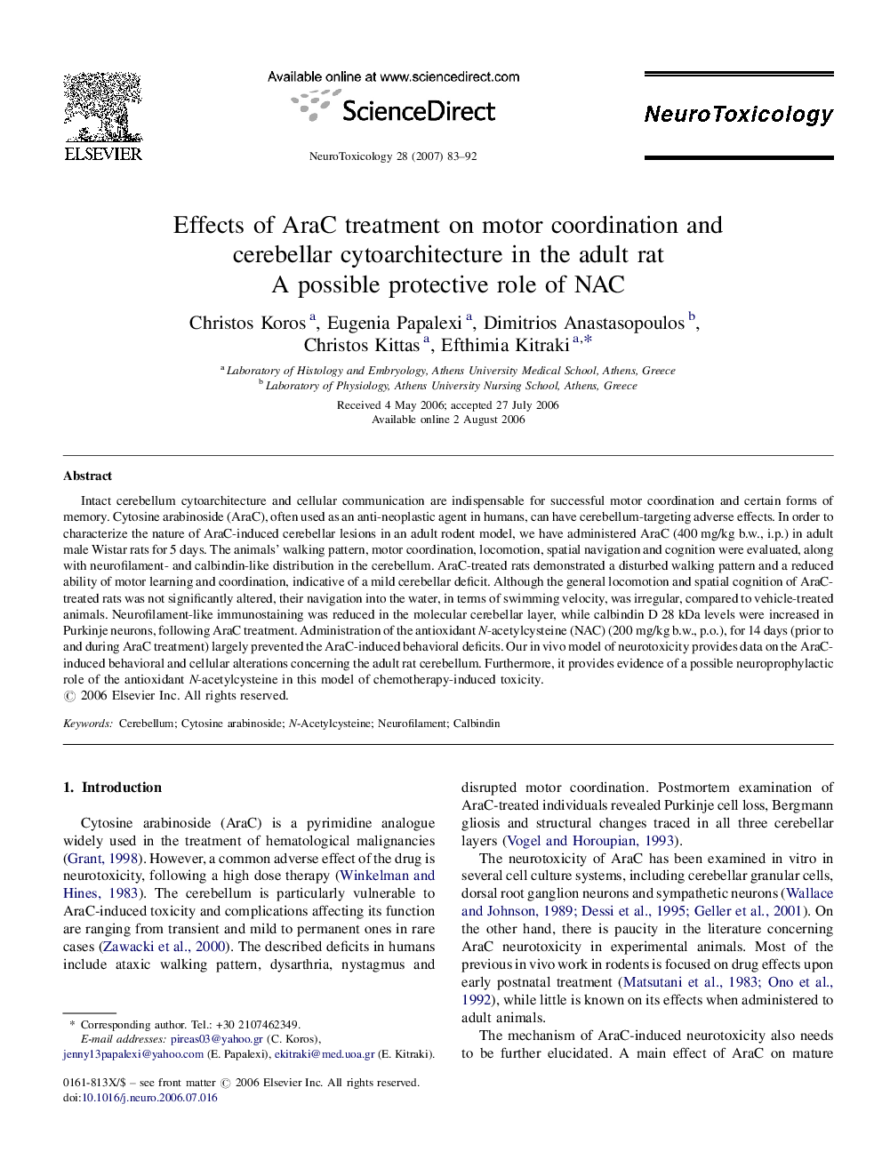 Effects of AraC treatment on motor coordination and cerebellar cytoarchitecture in the adult rat: A possible protective role of NAC