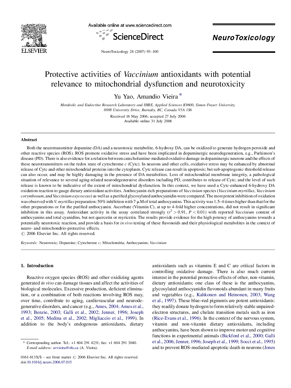 Protective activities of Vaccinium antioxidants with potential relevance to mitochondrial dysfunction and neurotoxicity