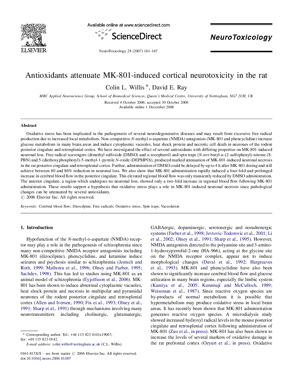 Antioxidants attenuate MK-801-induced cortical neurotoxicity in the rat