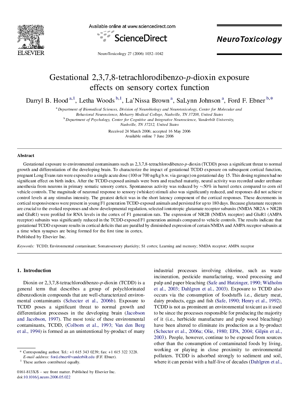 Gestational 2,3,7,8-tetrachlorodibenzo-p-dioxin exposure effects on sensory cortex function