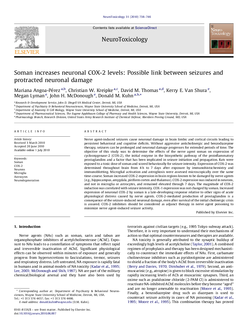 Soman increases neuronal COX-2 levels: Possible link between seizures and protracted neuronal damage