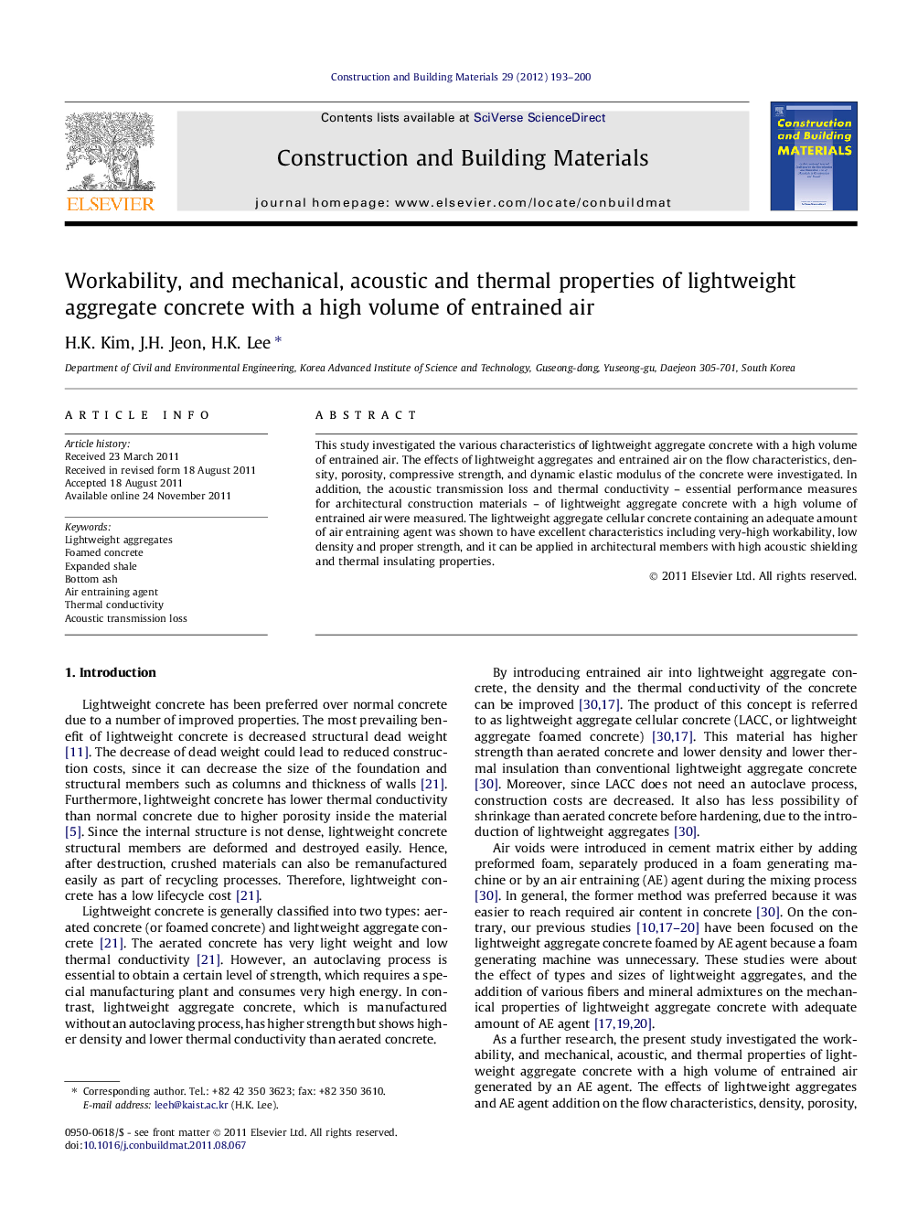 Workability, and mechanical, acoustic and thermal properties of lightweight aggregate concrete with a high volume of entrained air