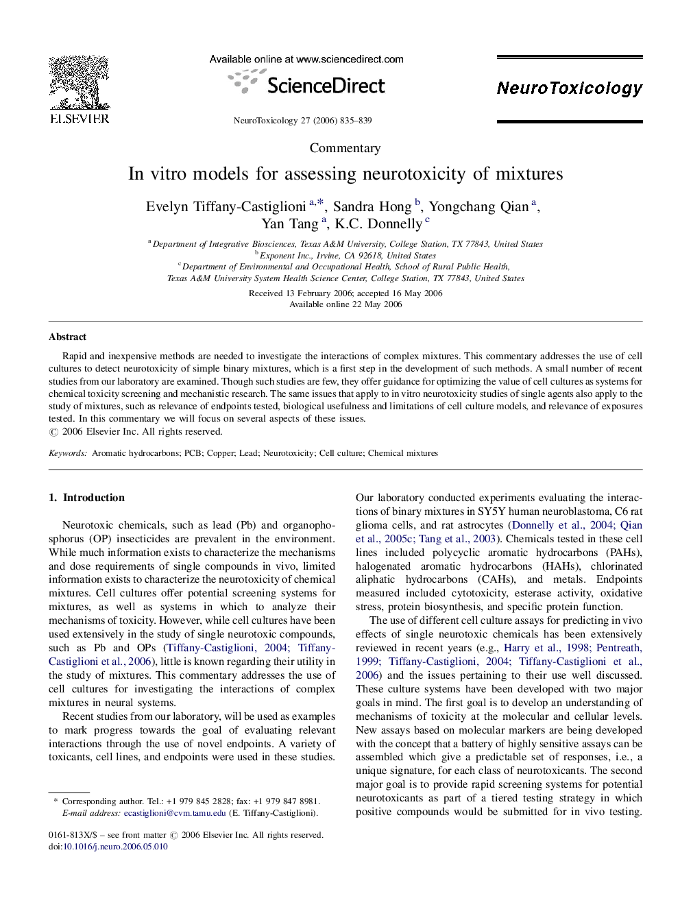 In vitro models for assessing neurotoxicity of mixtures