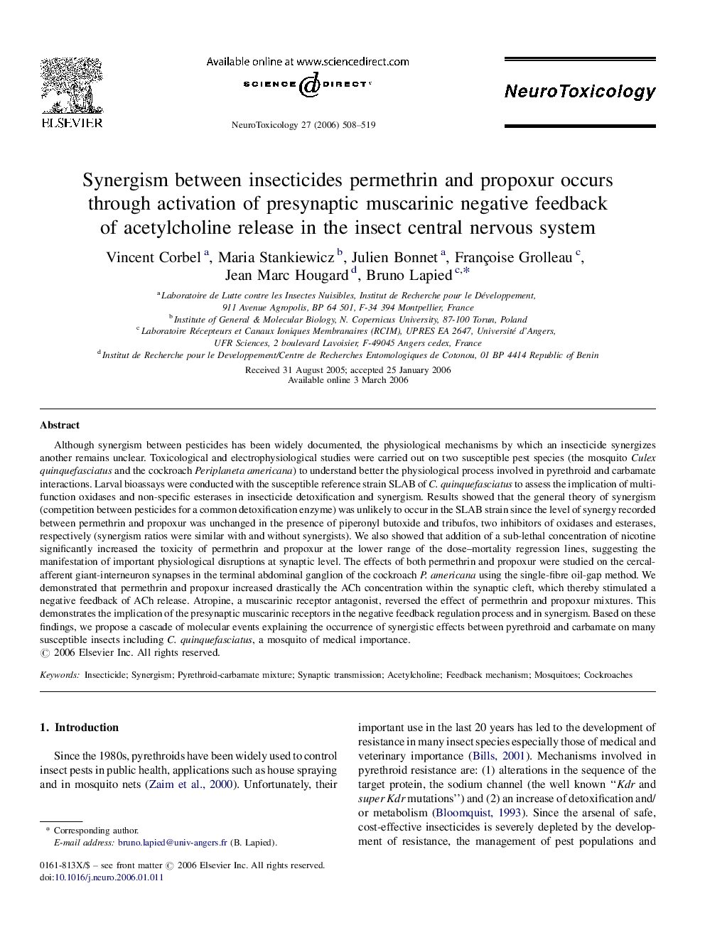 Synergism between insecticides permethrin and propoxur occurs through activation of presynaptic muscarinic negative feedback of acetylcholine release in the insect central nervous system