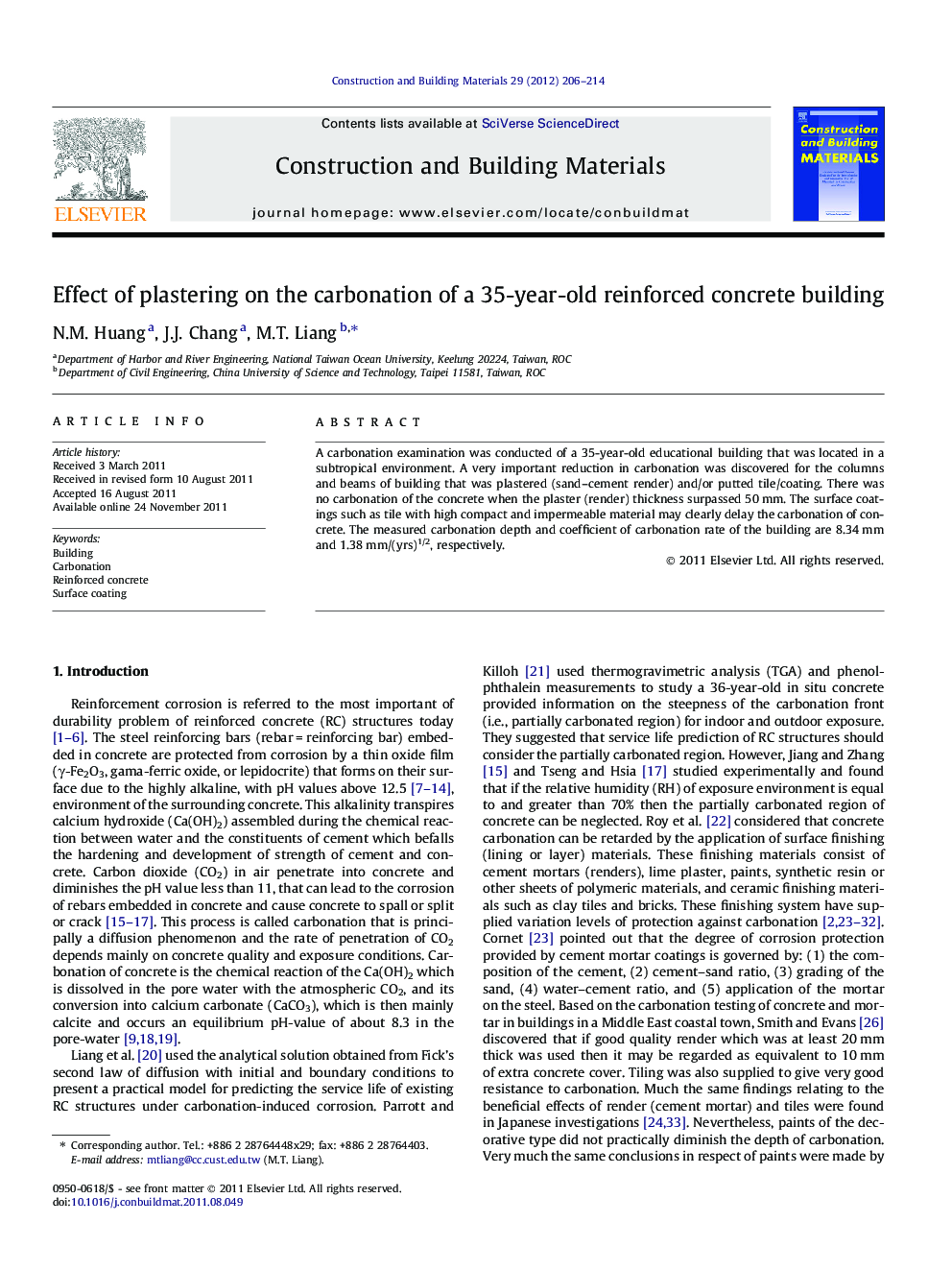 Effect of plastering on the carbonation of a 35-year-old reinforced concrete building