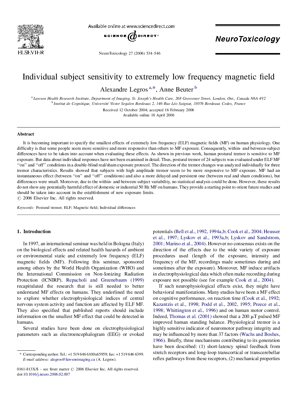 Individual subject sensitivity to extremely low frequency magnetic field