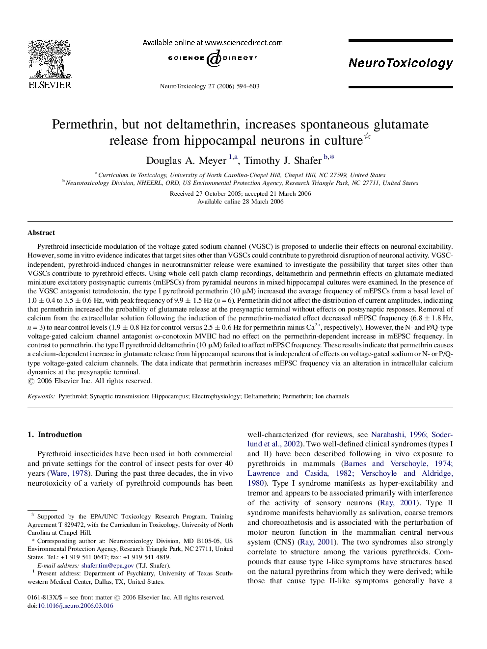 Permethrin, but not deltamethrin, increases spontaneous glutamate release from hippocampal neurons in culture 