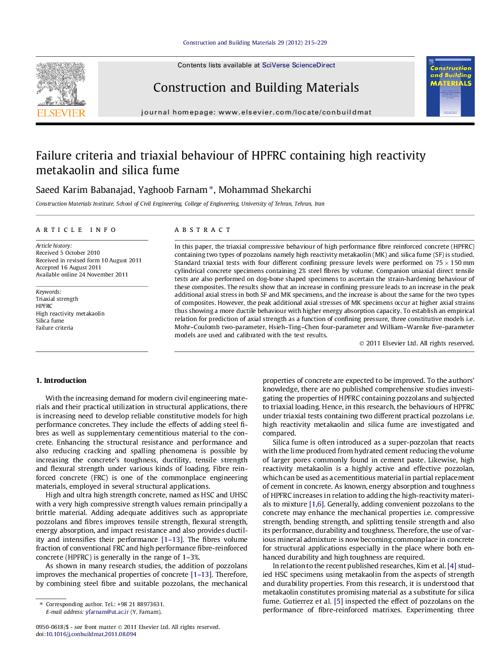 Failure criteria and triaxial behaviour of HPFRC containing high reactivity metakaolin and silica fume