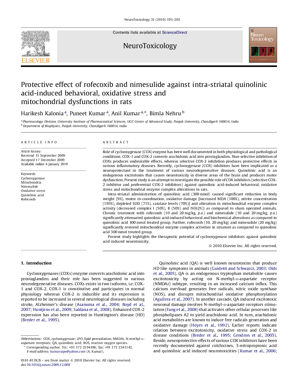 Protective effect of rofecoxib and nimesulide against intra-striatal quinolinic acid-induced behavioral, oxidative stress and mitochondrial dysfunctions in rats