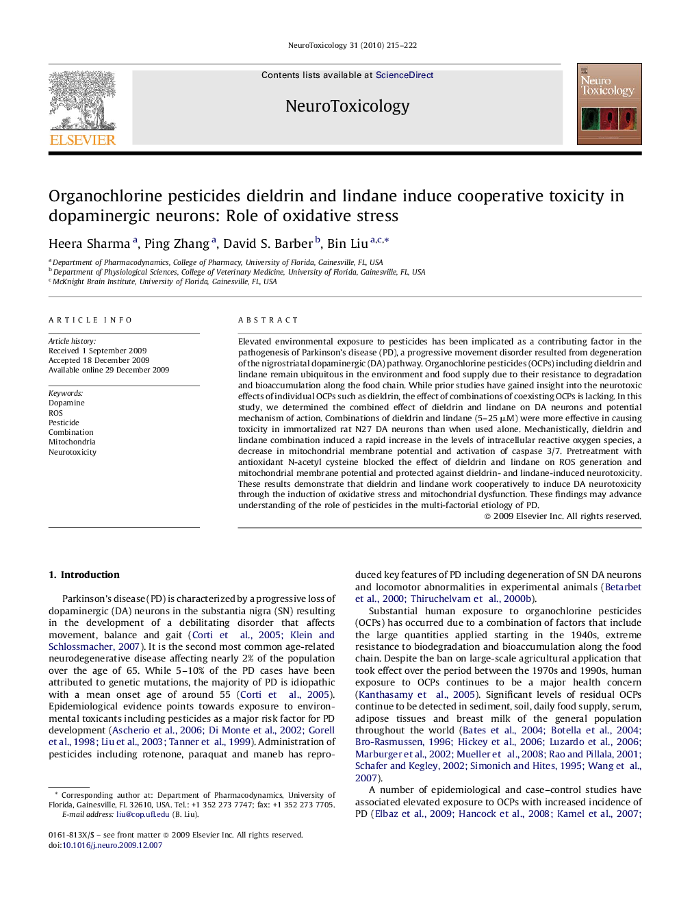 Organochlorine pesticides dieldrin and lindane induce cooperative toxicity in dopaminergic neurons: Role of oxidative stress