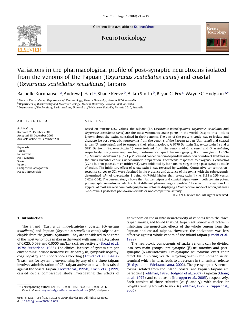 Variations in the pharmacological profile of post-synaptic neurotoxins isolated from the venoms of the Papuan (Oxyuranus scutellatus canni) and coastal (Oxyuranus scutellatus scutellatus) taipans