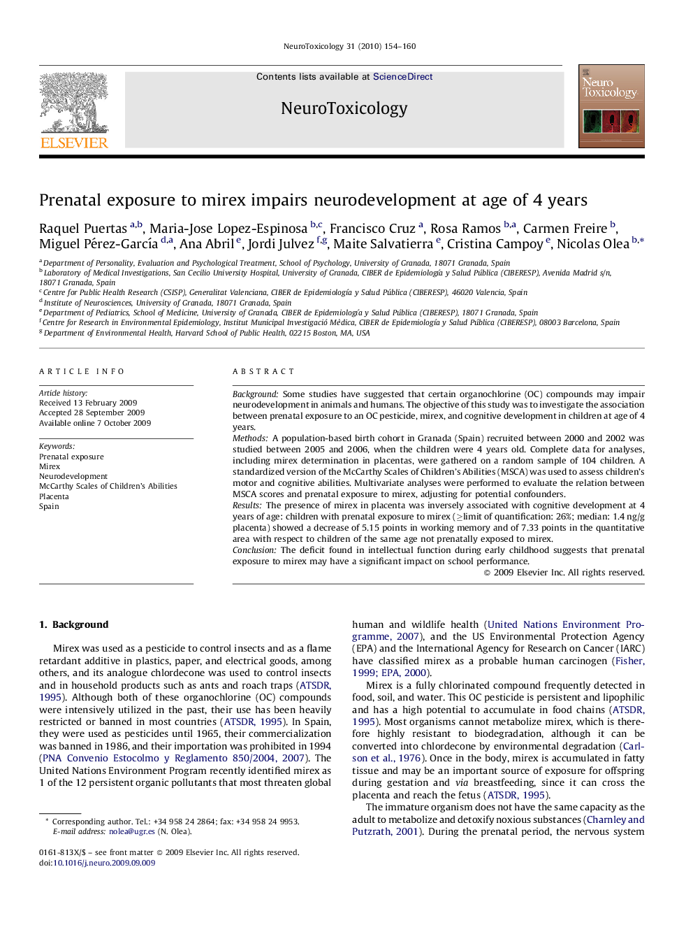 Prenatal exposure to mirex impairs neurodevelopment at age of 4 years