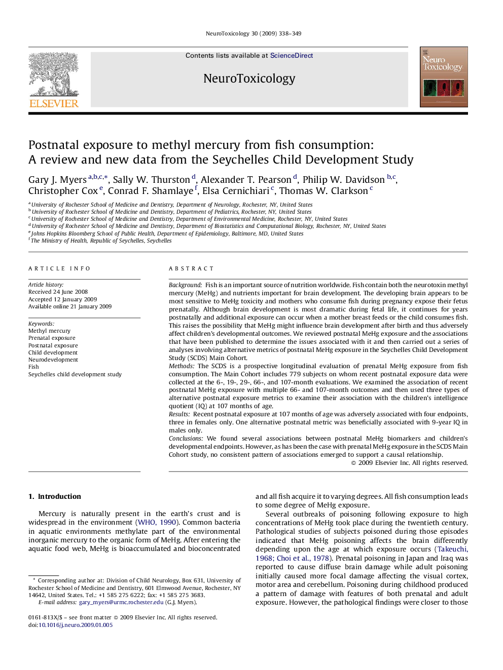 Postnatal exposure to methyl mercury from fish consumption: A review and new data from the Seychelles Child Development Study