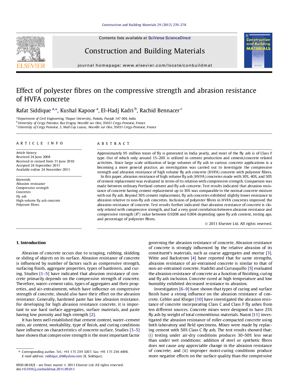 Effect of polyester fibres on the compressive strength and abrasion resistance of HVFA concrete