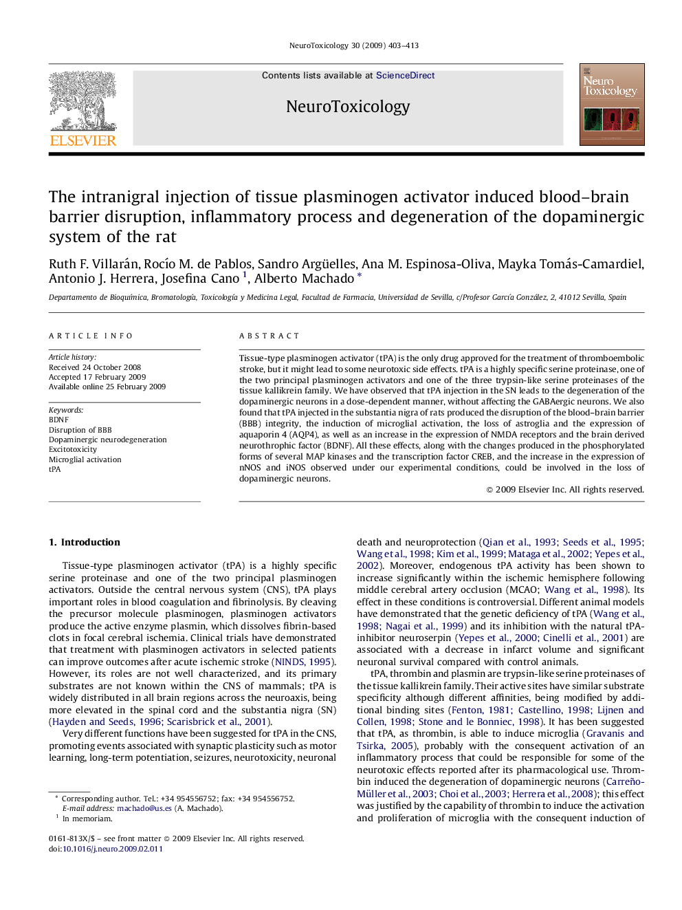 The intranigral injection of tissue plasminogen activator induced blood–brain barrier disruption, inflammatory process and degeneration of the dopaminergic system of the rat