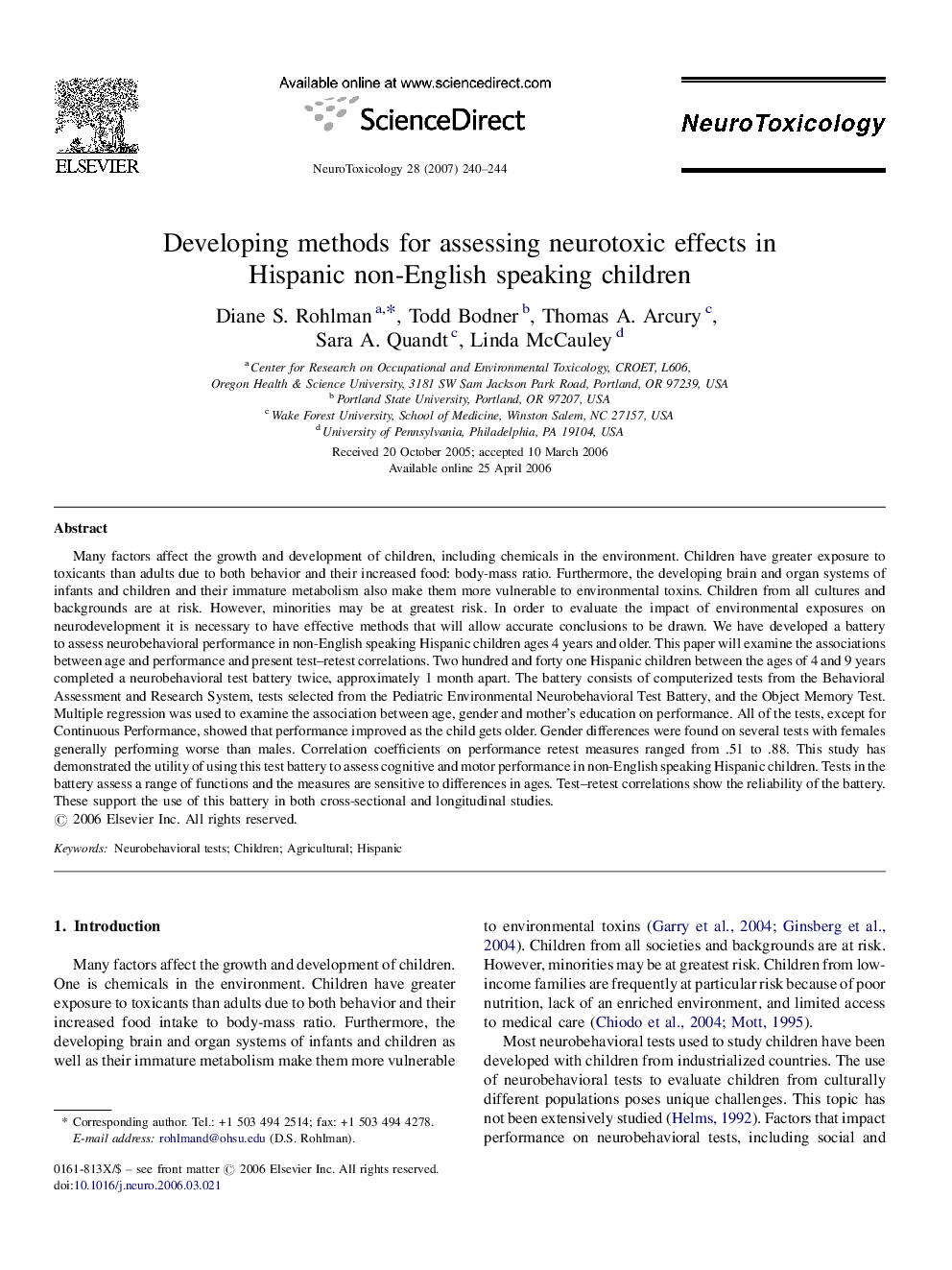 Developing methods for assessing neurotoxic effects in Hispanic non-English speaking children