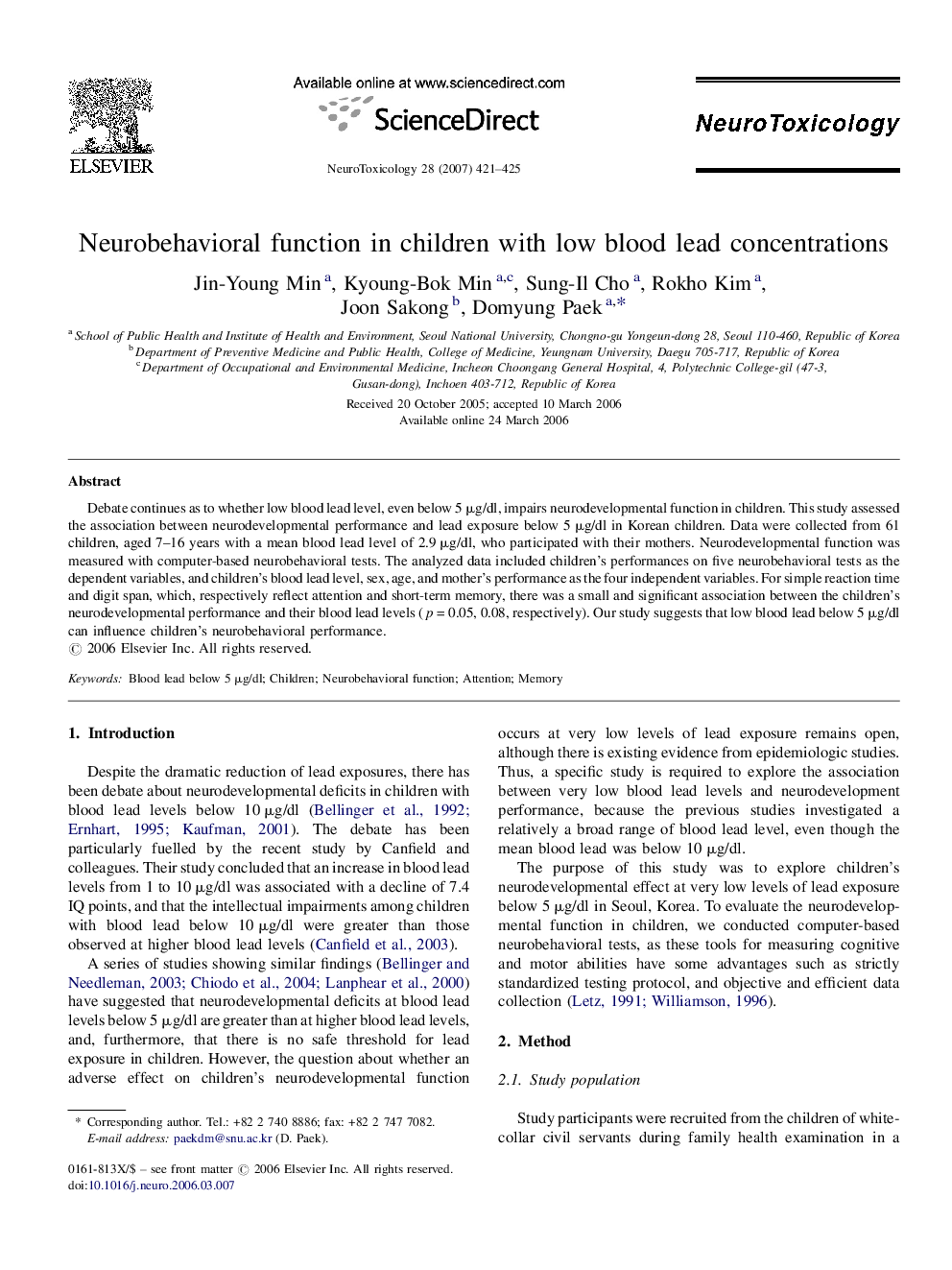 Neurobehavioral function in children with low blood lead concentrations