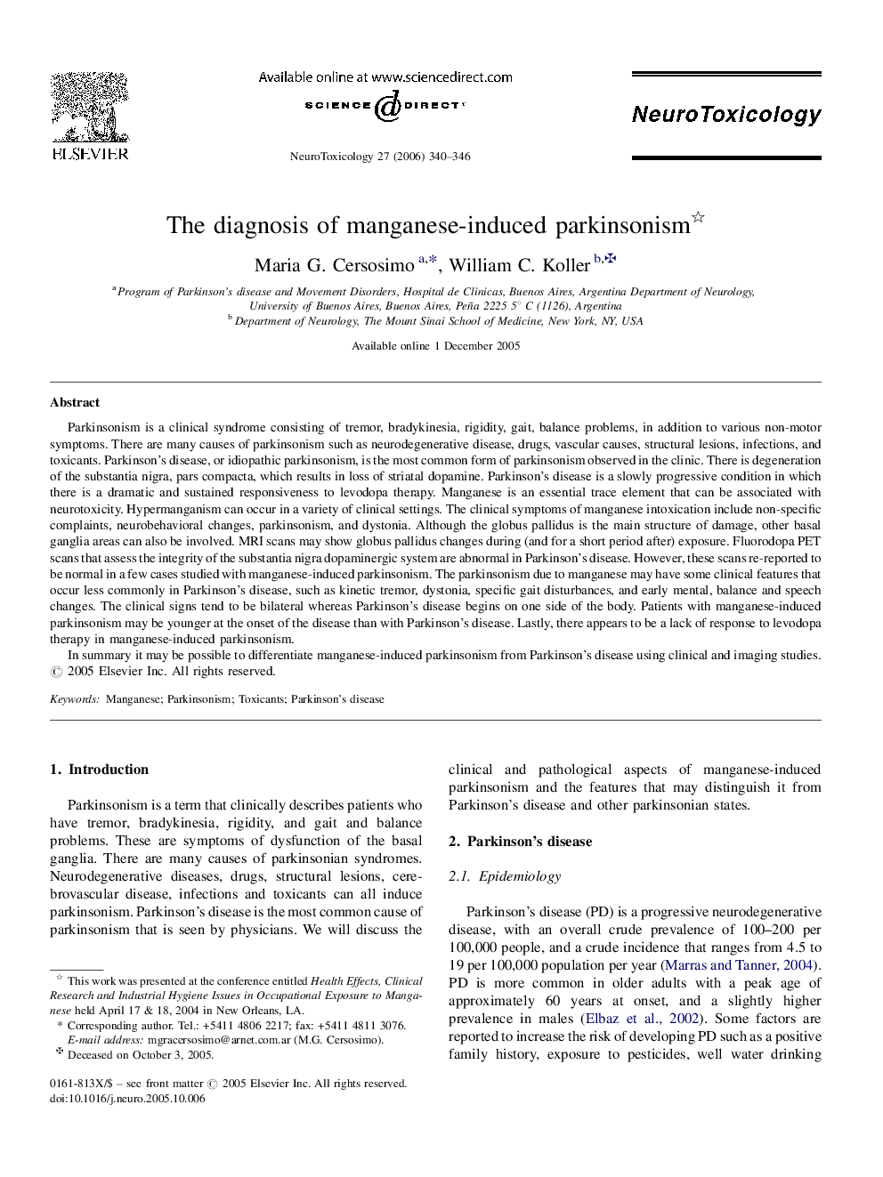 The diagnosis of manganese-induced parkinsonism 