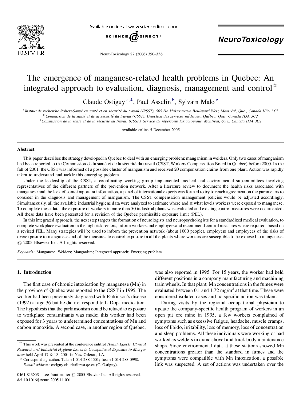 The emergence of manganese-related health problems in Quebec: An integrated approach to evaluation, diagnosis, management and control 