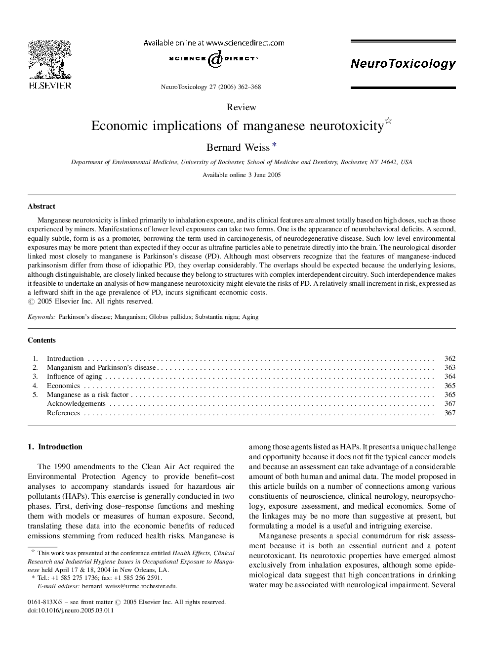 Economic implications of manganese neurotoxicity 