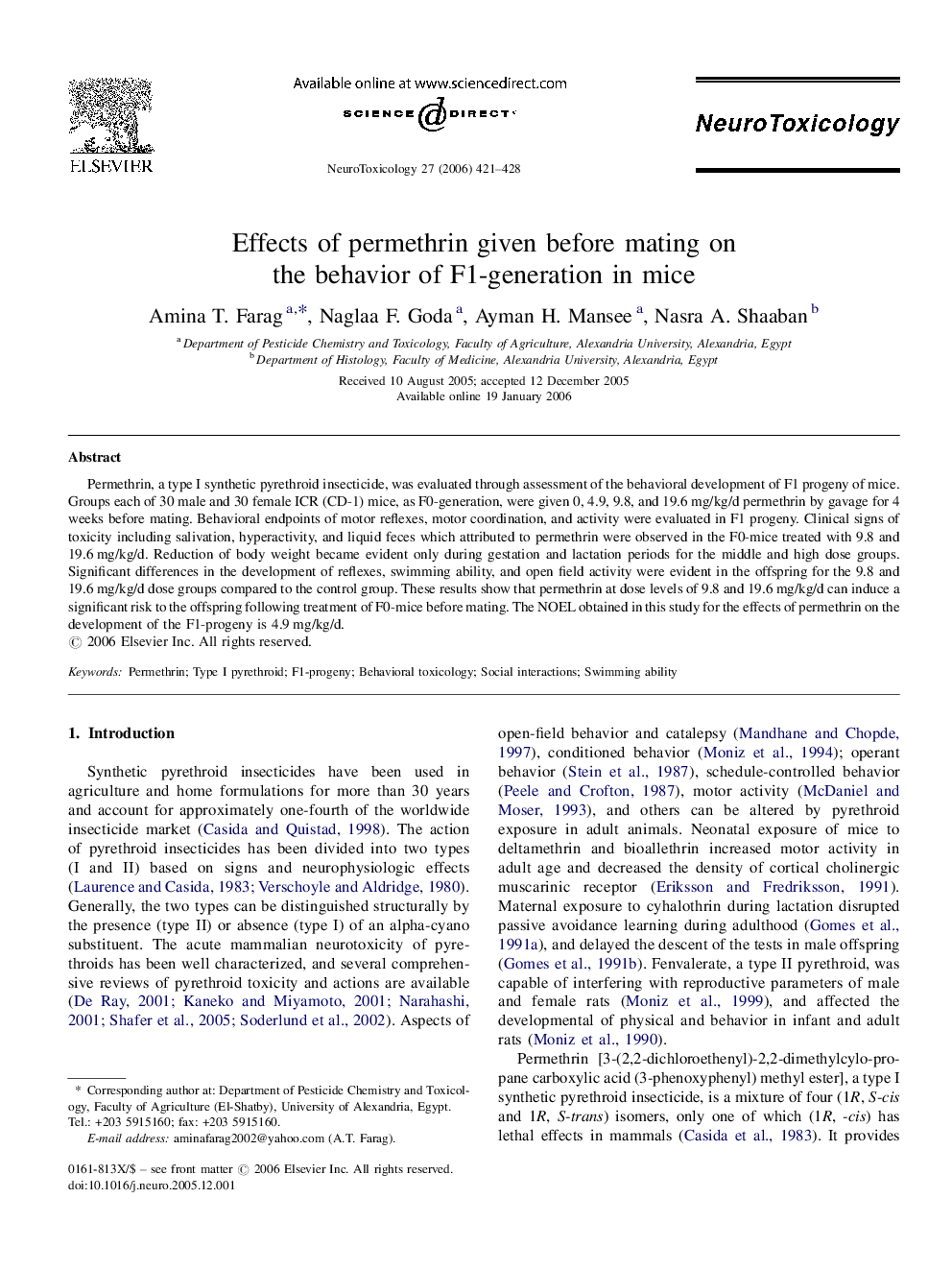 Effects of permethrin given before mating on the behavior of F1-generation in mice