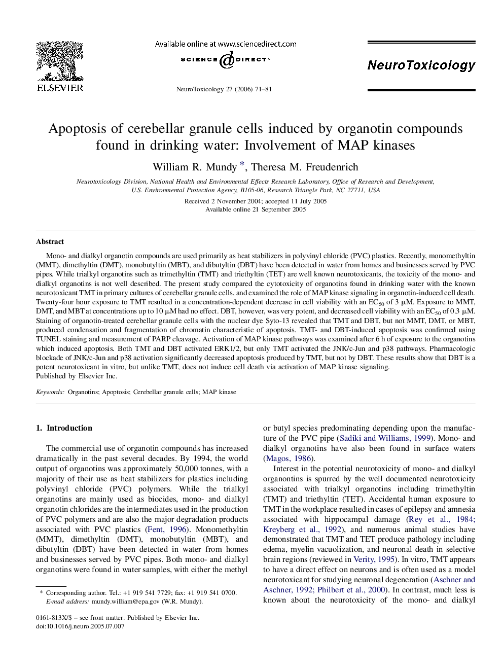 Apoptosis of cerebellar granule cells induced by organotin compounds found in drinking water: Involvement of MAP kinases