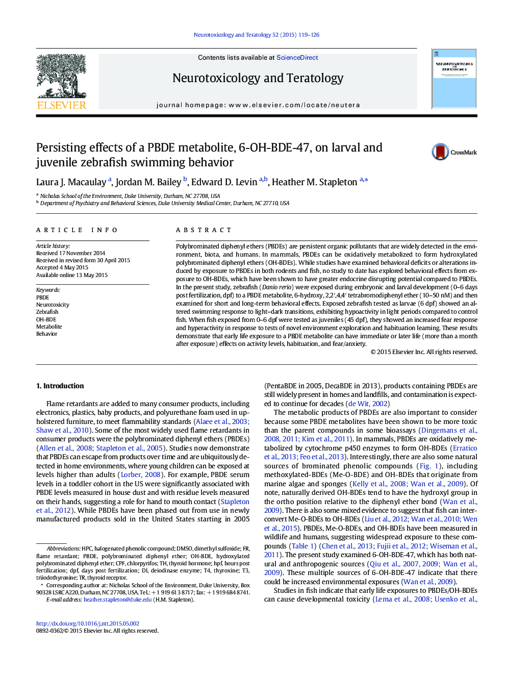 Persisting effects of a PBDE metabolite, 6-OH-BDE-47, on larval and juvenile zebrafish swimming behavior