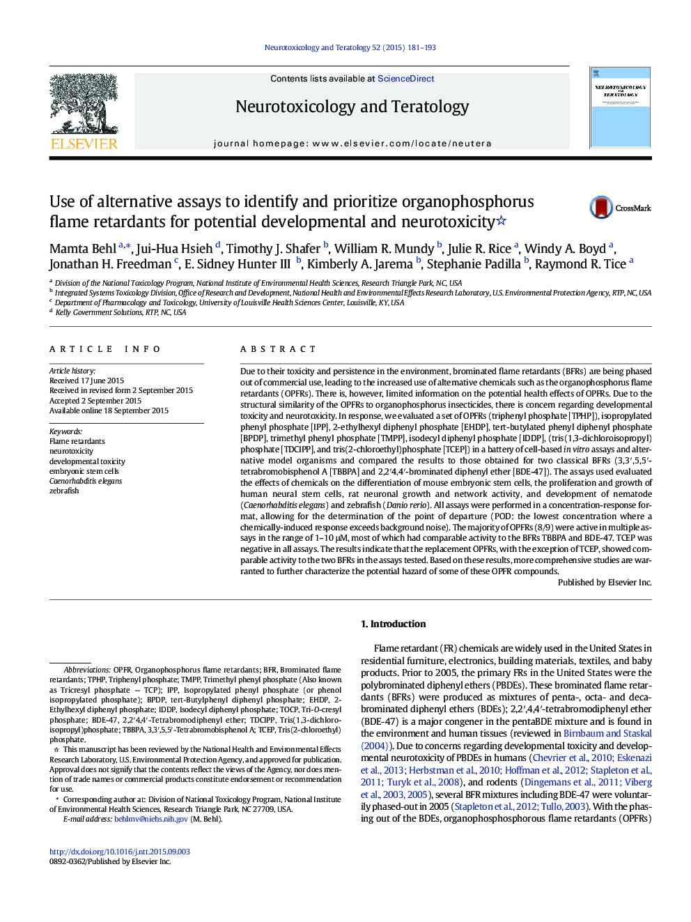 Use of alternative assays to identify and prioritize organophosphorus flame retardants for potential developmental and neurotoxicity 