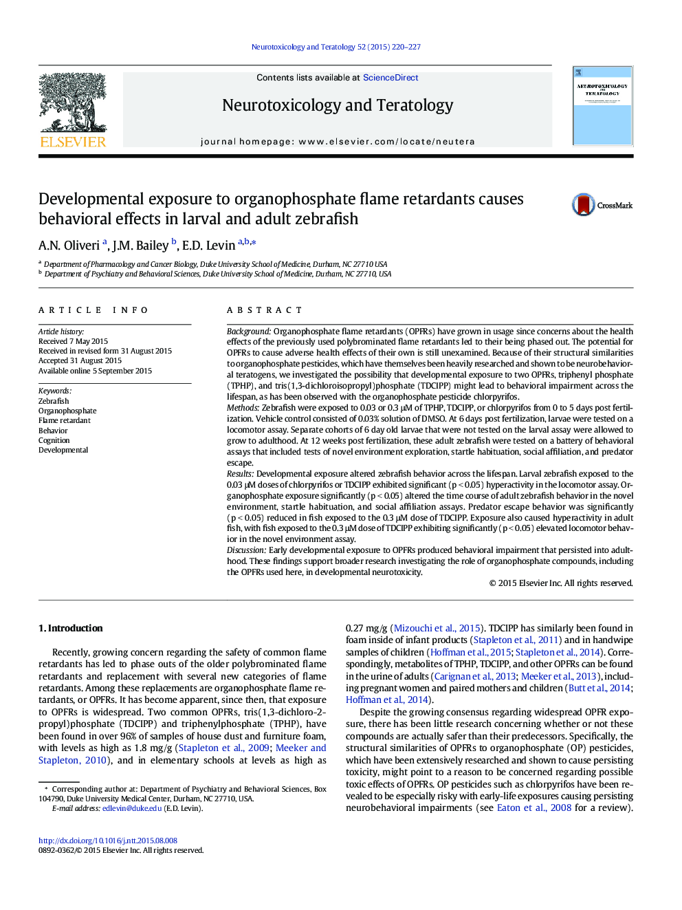 Developmental exposure to organophosphate flame retardants causes behavioral effects in larval and adult zebrafish