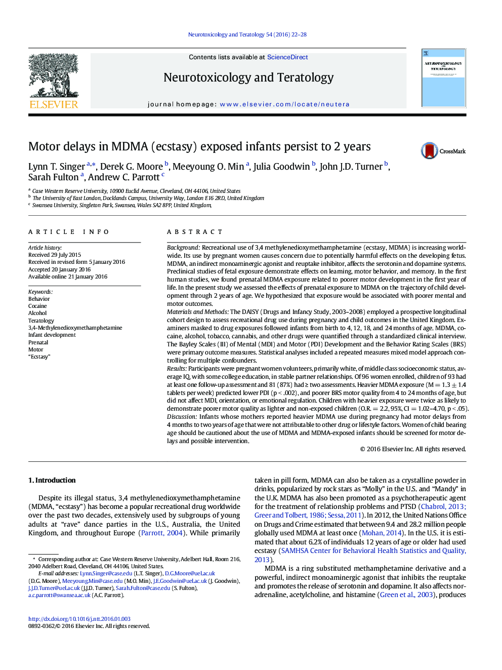 Motor delays in MDMA (ecstasy) exposed infants persist to 2 years