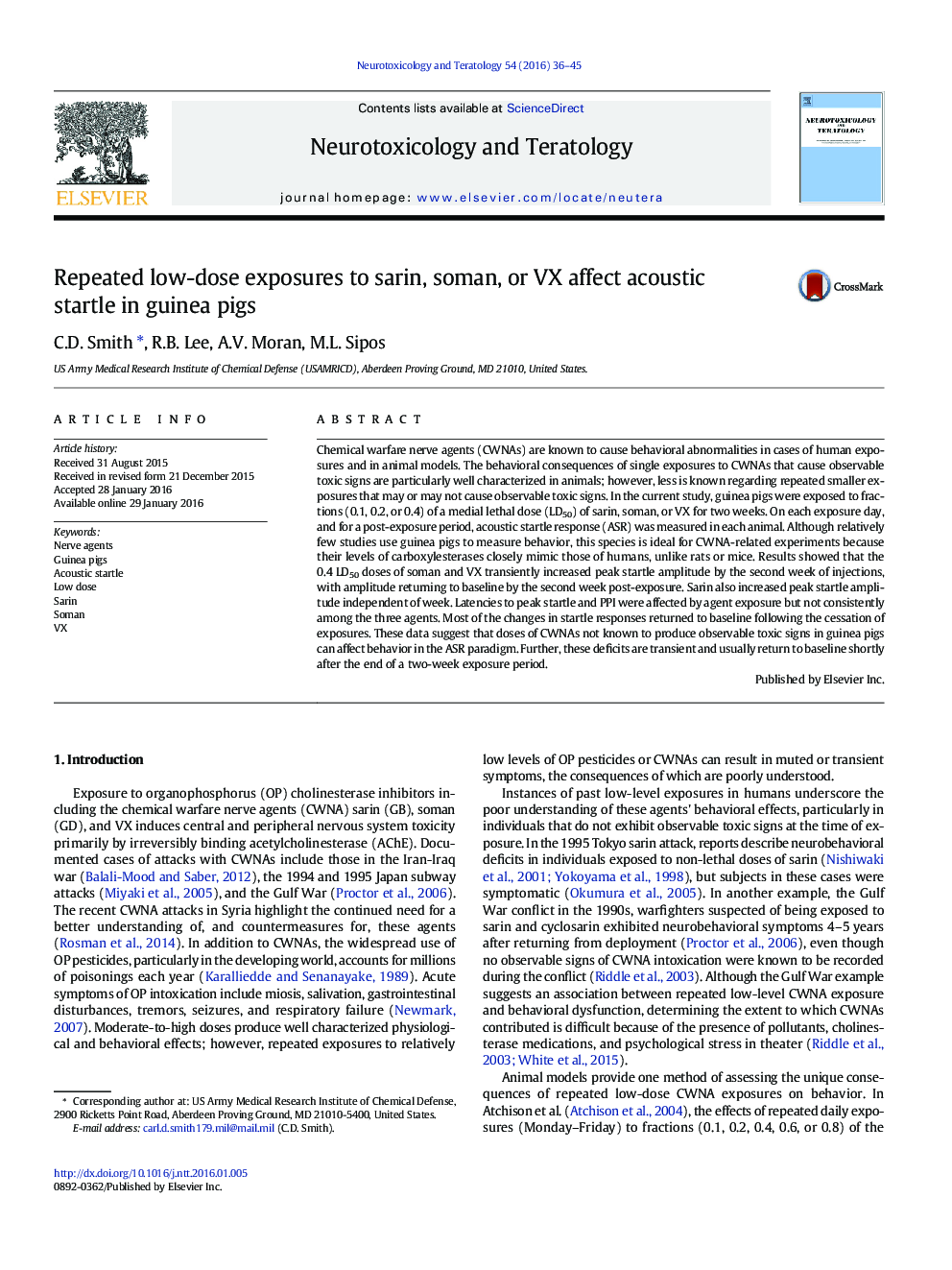 Repeated low-dose exposures to sarin, soman, or VX affect acoustic startle in guinea pigs