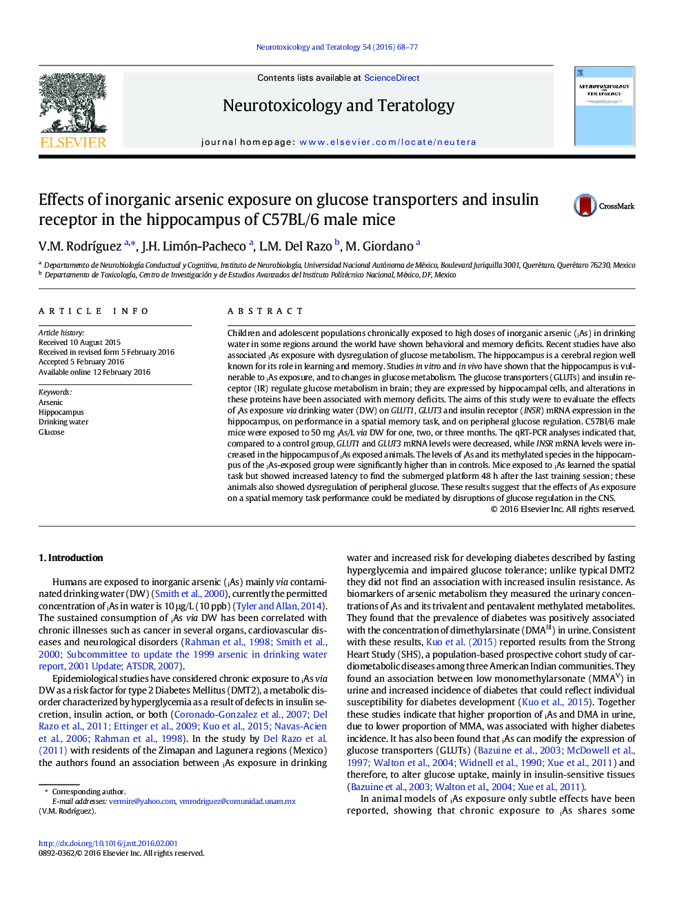 Effects of inorganic arsenic exposure on glucose transporters and insulin receptor in the hippocampus of C57BL/6 male mice