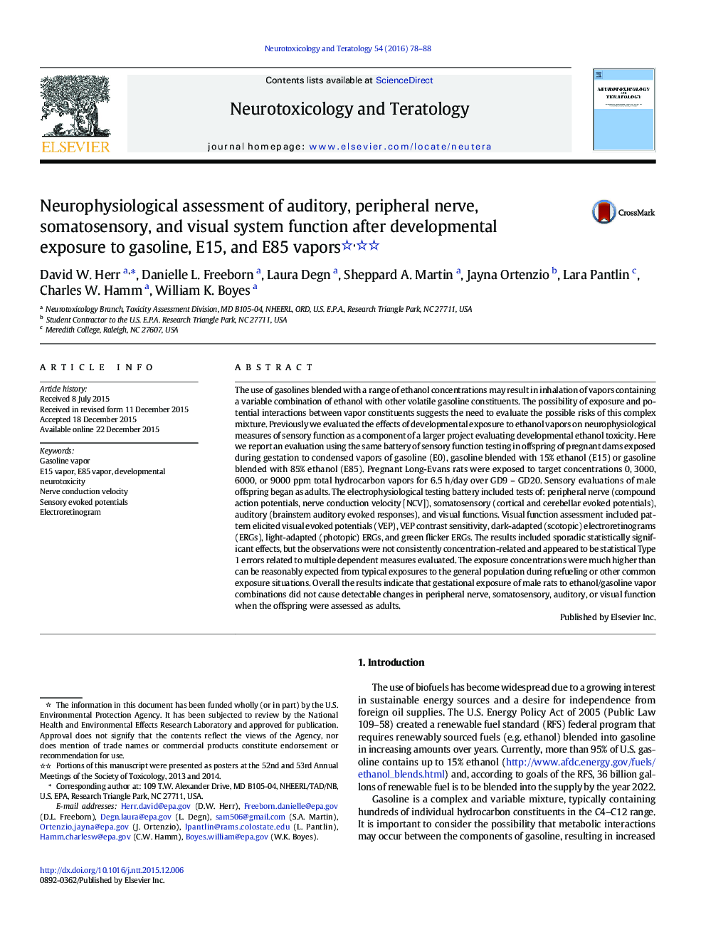 Neurophysiological assessment of auditory, peripheral nerve, somatosensory, and visual system function after developmental exposure to gasoline, E15, and E85 vapors 