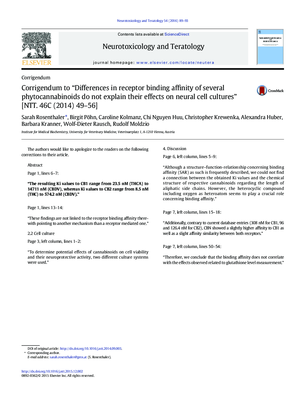 Corrigendum to “Differences in receptor binding affinity of several phytocannabinoids do not explain their effects on neural cell cultures” [NTT. 46C (2014) 49-56]