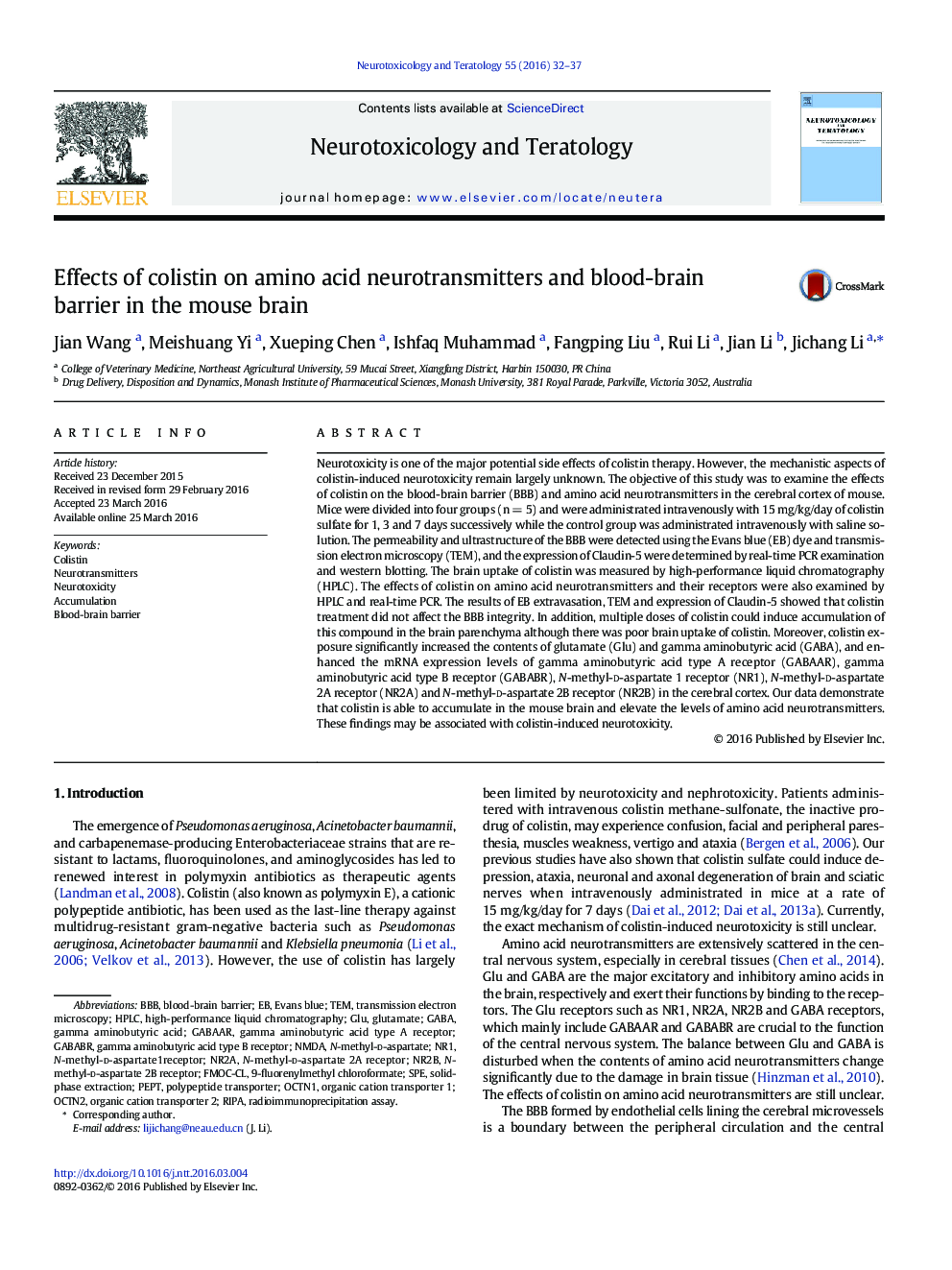 Effects of colistin on amino acid neurotransmitters and blood-brain barrier in the mouse brain