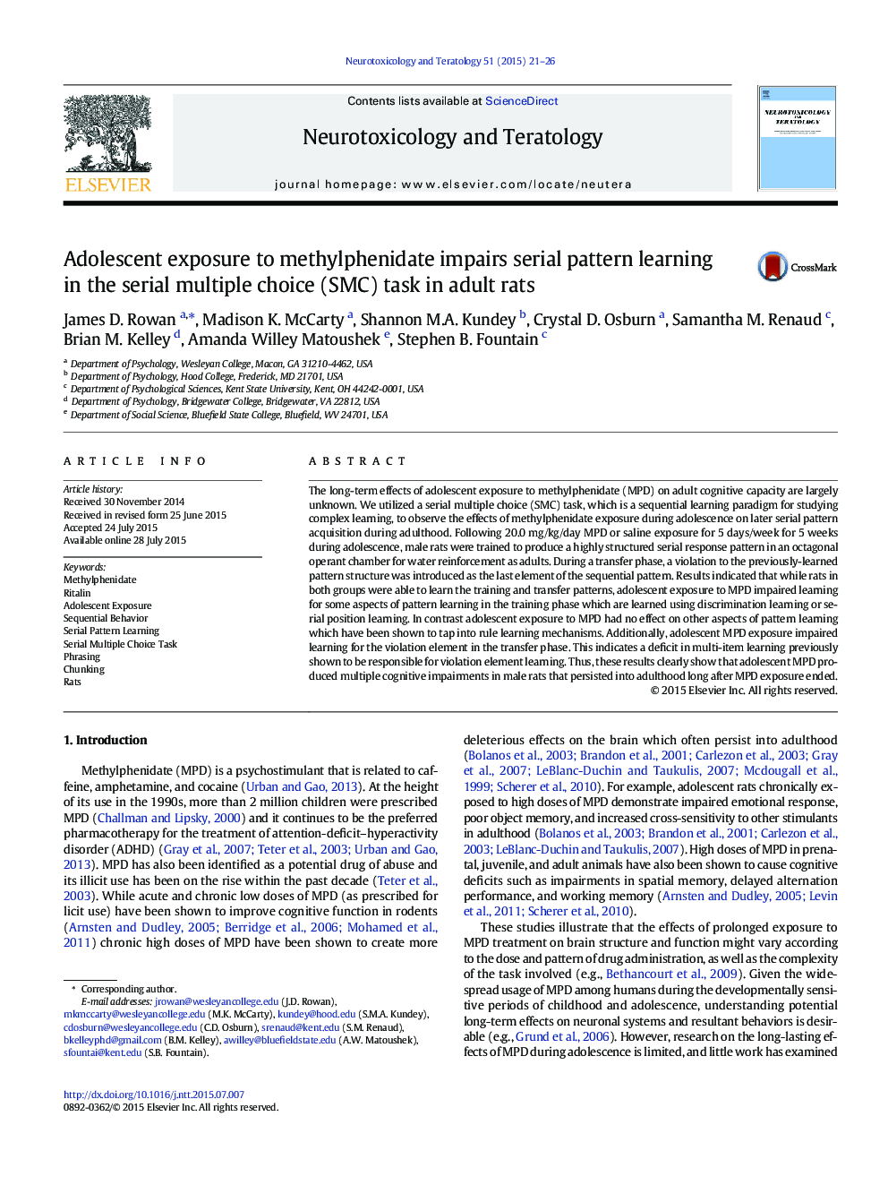 عکس صفحه اول مقاله: Adolescent exposure to methylphenidate impairs serial pattern learning in the serial multiple choice (SMC) task in adult rats Adolescent exposure to methylphenidate impairs serial pattern learning in the serial multiple choice (SMC) task in adult rats
