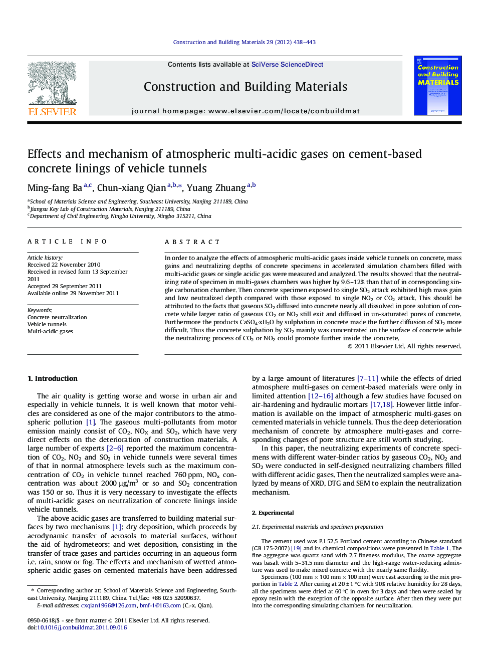 Effects and mechanism of atmospheric multi-acidic gases on cement-based concrete linings of vehicle tunnels