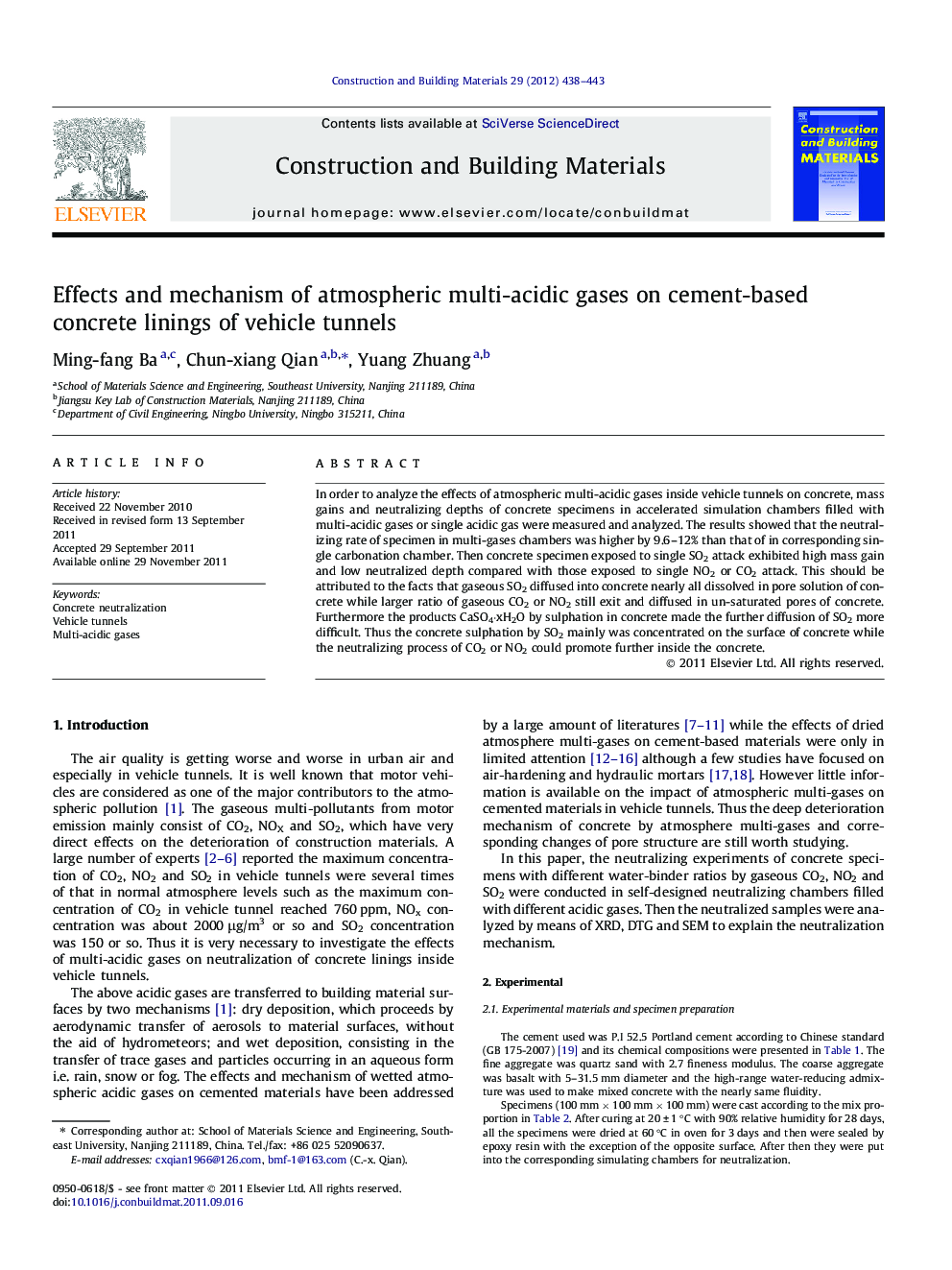 عکس صفحه اول مقاله: Effects and mechanism of atmospheric multi-acidic gases on cement-based concrete linings of vehicle tunnels Effects and mechanism of atmospheric multi-acidic gases on cement-based concrete linings of vehicle tunnels
