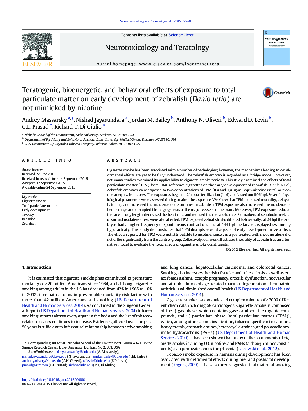 Teratogenic, bioenergetic, and behavioral effects of exposure to total particulate matter on early development of zebrafish (Danio rerio) are not mimicked by nicotine