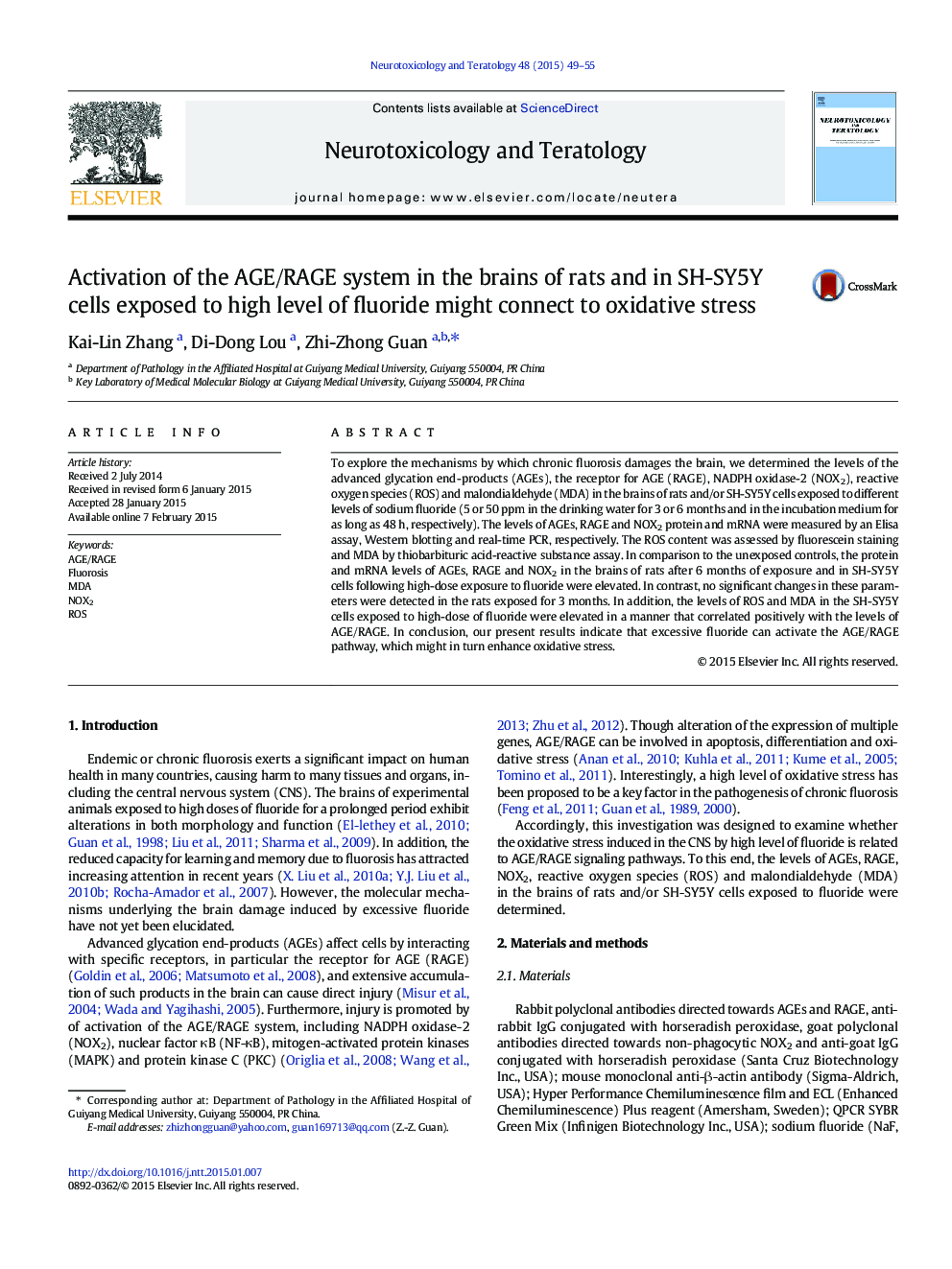 Activation of the AGE/RAGE system in the brains of rats and in SH-SY5Y cells exposed to high level of fluoride might connect to oxidative stress