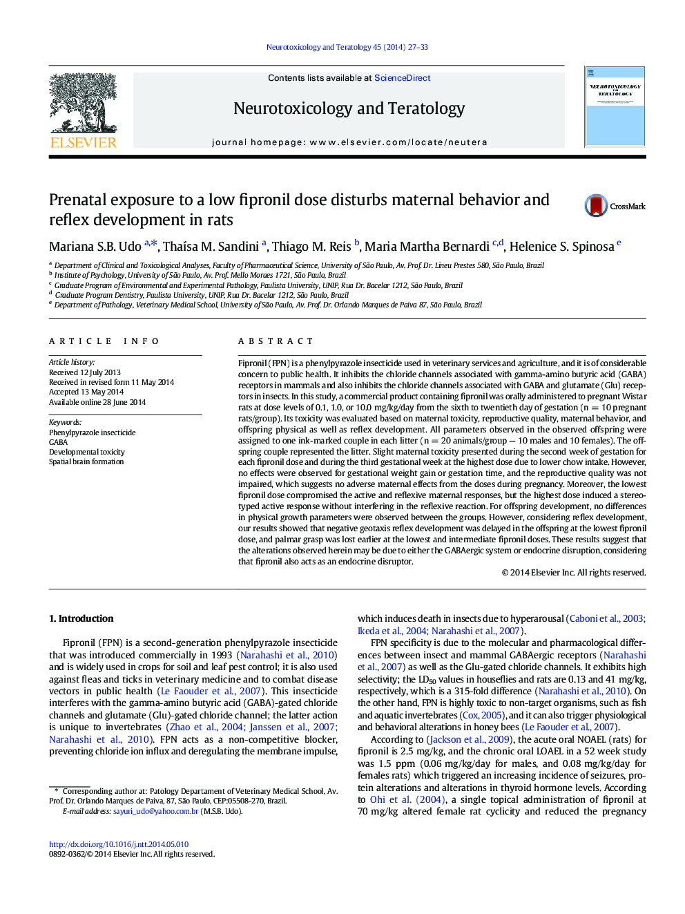 Prenatal exposure to a low fipronil dose disturbs maternal behavior and reflex development in rats