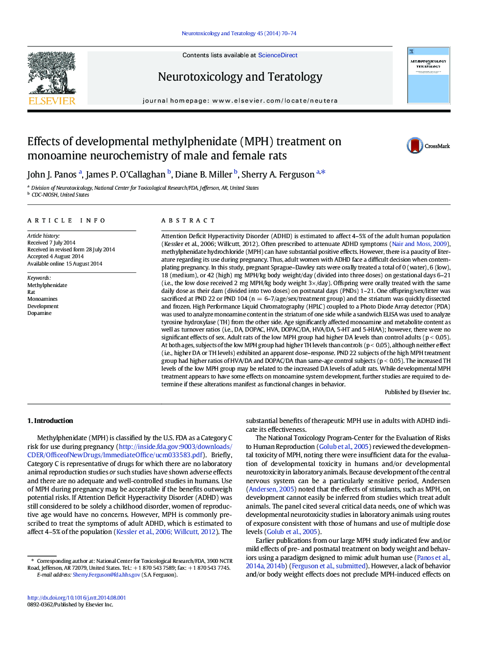 Effects of developmental methylphenidate (MPH) treatment on monoamine neurochemistry of male and female rats